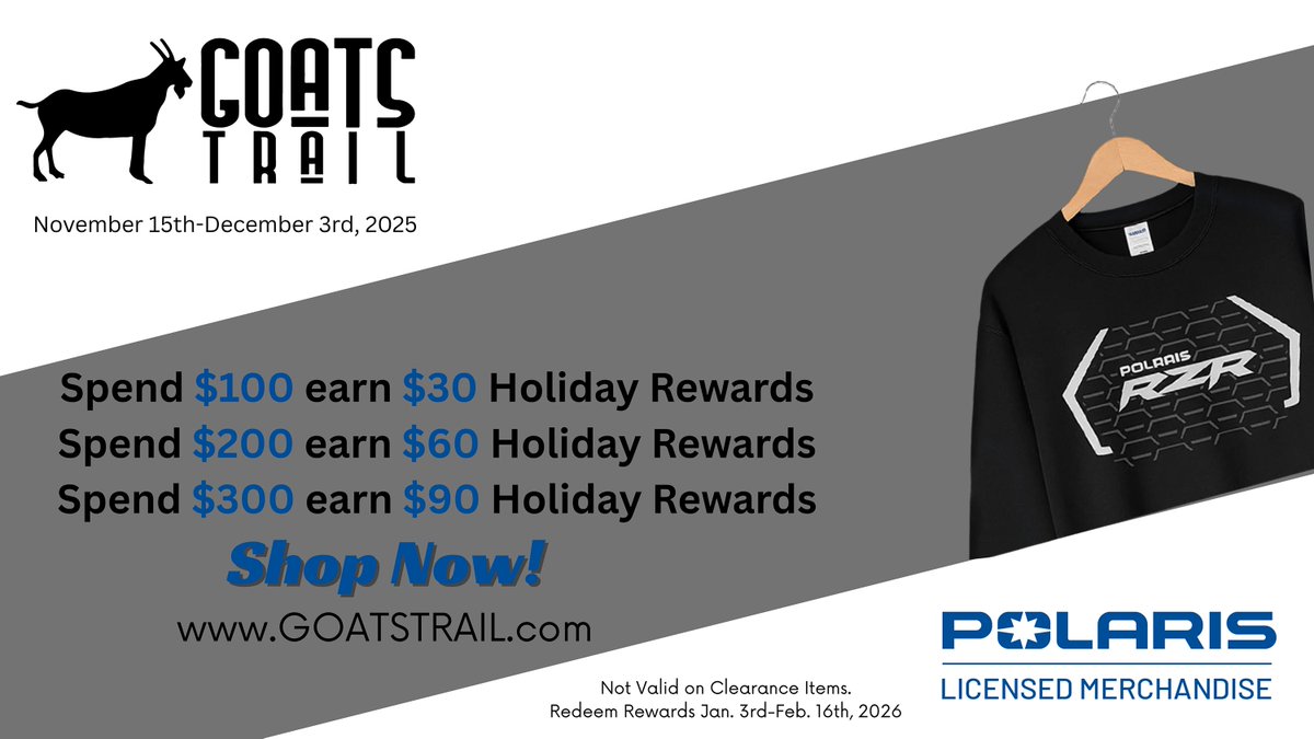 Level up your look with official Polaris® apparel 🔥🏁 Trail days. Street nights. Always stylish.

🎁 Limited time: Get $30 in rewards for every $100 spent!
Refresh your wardrobe → Ride in style 😎

goatstrail.com/collections/li…

#Polaris #PolarisRZR #OffRoadLife #AdventureGear