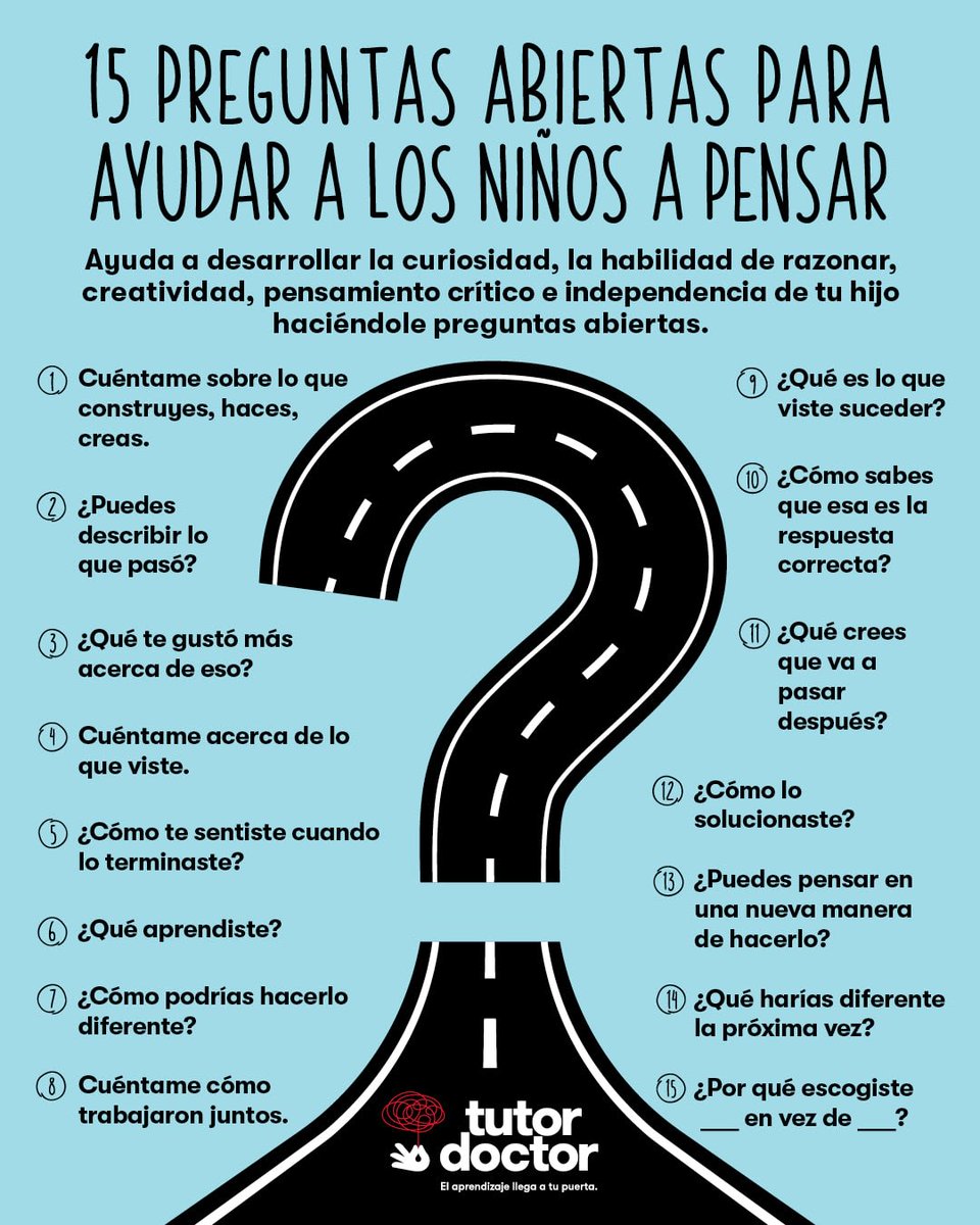tutordoctorec's tweet image. Fomenta la curiosidad y el pensamiento crítico de tu hijo con estas 15 preguntas abiertas diseñadas para generar conversaciones significativas. 👇 #PensamientoCrítico #ConversacionesProfundas