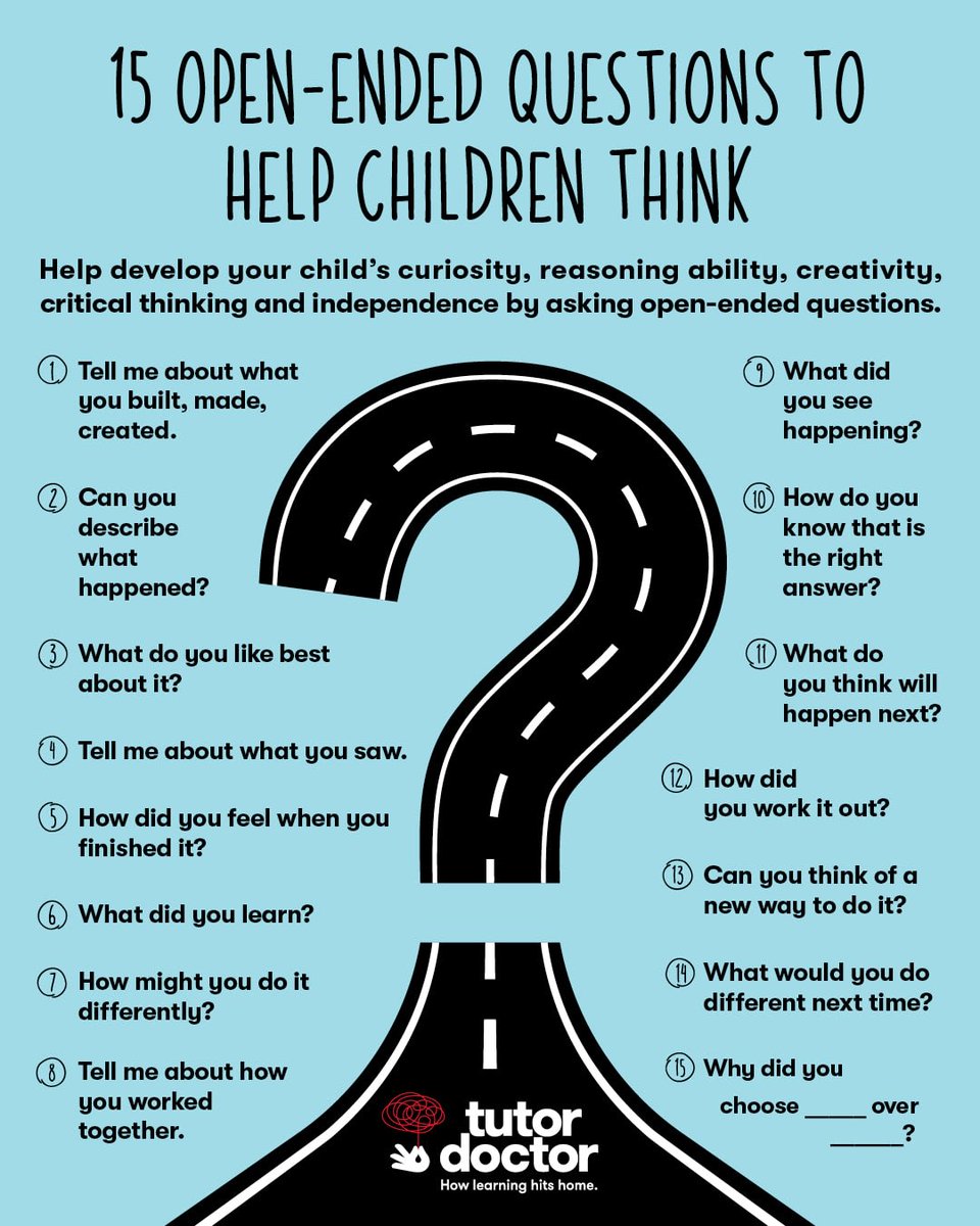 tutordoctorec's tweet image. Encourage your child’s curiosity and critical thinking with these 15 open-ended questions designed to spark meaningful conversations. 👇 #CriticalThinking #DeepConversations