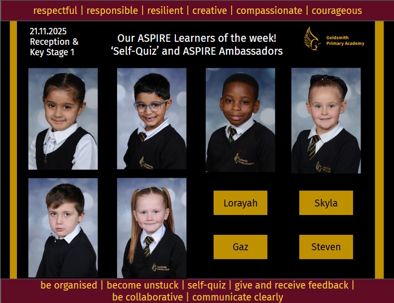goldsmithwalsal's tweet photo. 🎉 Congrats to this week's KS1 &amp; KS2 Praise Winners for demonstrating one of our #ASPIREvalues,  I can 'Self-Quiz'!💛🖤
Our ASPIRE Framework encourages students to unlock their full potential, both academically &amp; personally 🏔️💛🖤
@WinAcadTrust
#PersonalPotential #Award https://t.co/K941MVs0Gk