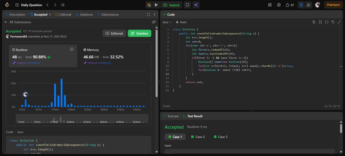 ParmanandKS's tweet image. 📚 Day 124 of learning DSA with @kunalstwt 
Today&apos;s topic: 2 DSA Problems
📌 Key takeaway: Find Words That Can Be Formed by Characters, Unique Length-3 Palindromic Subsequences
🧠 Feeling: Challenged

Here’s what today looked like 👇
#DSAwithKunal #LearnInPublic #100DaysOfCode