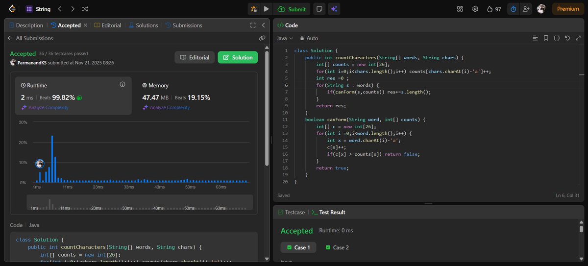 ParmanandKS's tweet image. 📚 Day 124 of learning DSA with @kunalstwt 
Today&apos;s topic: 2 DSA Problems
📌 Key takeaway: Find Words That Can Be Formed by Characters, Unique Length-3 Palindromic Subsequences
🧠 Feeling: Challenged

Here’s what today looked like 👇
#DSAwithKunal #LearnInPublic #100DaysOfCode