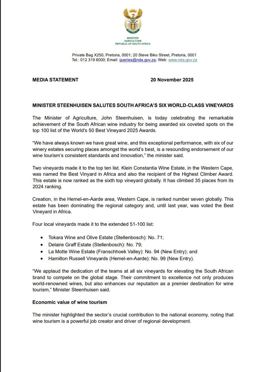 [Media Statement📃]
Minister John Steenhuisen celebrates the remarkable achievement of the South African wine industry for being awarded six coveted spots on the top 100 list of the World’s 50 Best Vineyard 2025 Awards.

More here: 🔗nda.gov.za/images/Newsroo…

#GovZAUpdates
