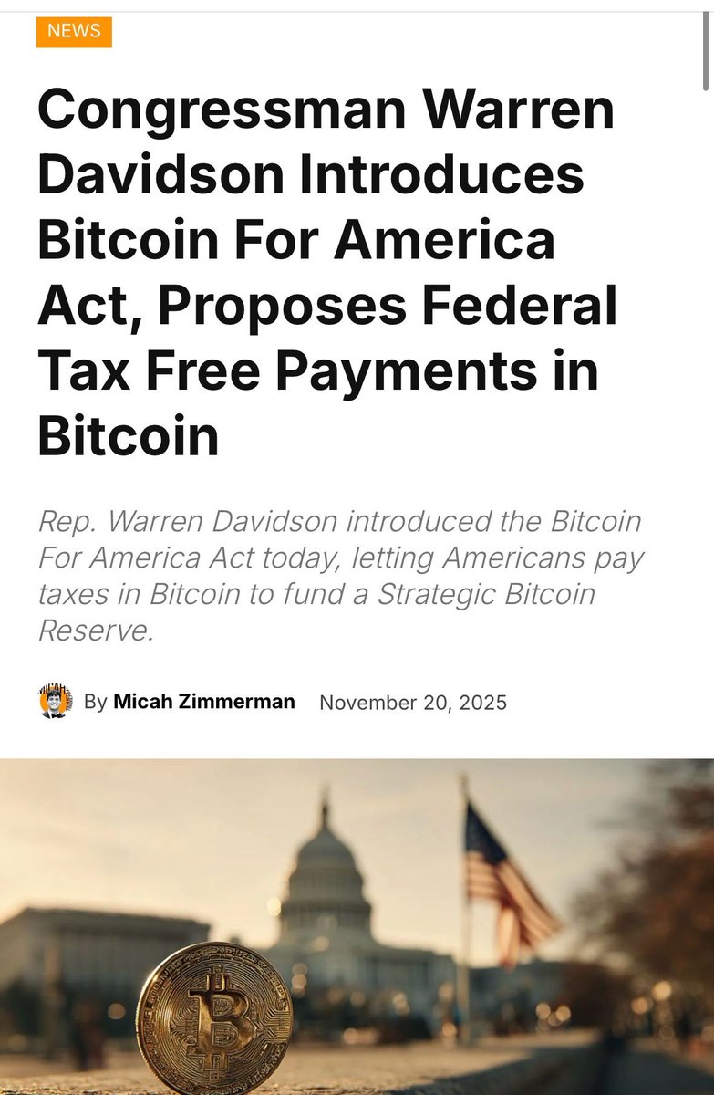 Brit_blockchain's tweet image. 🇺🇸 Rep. Warren Davidson has introduced the Bitcoin For America Act today, letting Americans pay taxes in Bitcoin to fund a Strategic Bitcoin Reserve.

bitcoinmagazine.com/news/bitcoin-f…