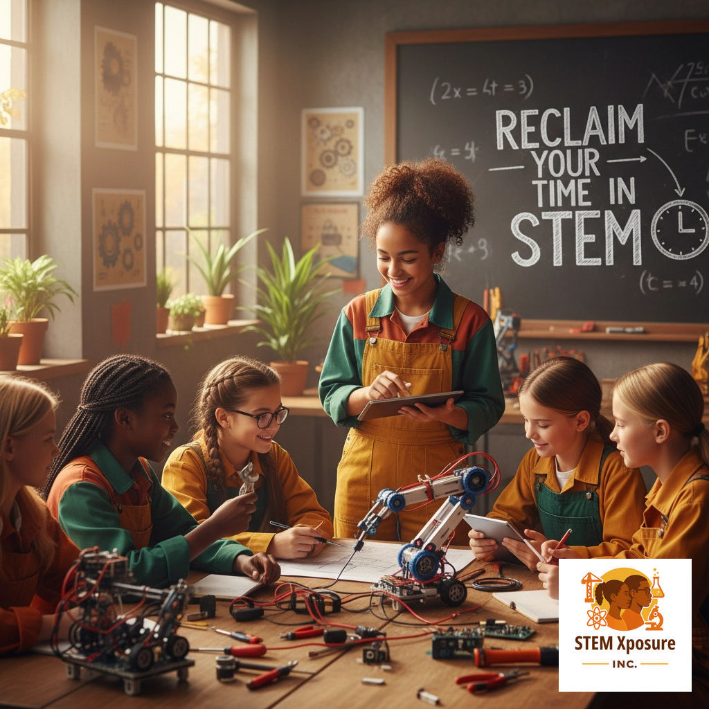 STEMXposure's tweet photo. Girls, your time is precious! Prioritize inspiring mentorship, seize STEM opportunities that matter, and reclaim your time by fueling your confidence. Let’s build the future together! #ReclaimingYourTime #WomenEmpowerment https://t.co/OHdrsOTXgu