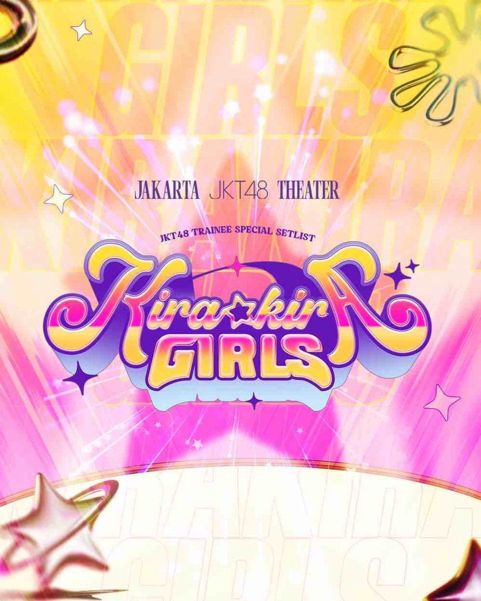 #KiraKiraGirlsJKT48
Song List - Kira☆Kira Girls!

M01. Indahnya Senyum Manismu dst.
M02. Aishiteraburu!
M03. Sakura Kita Makan Bersama
M04. Laptime Masa Remaja
M05. Candy
Jemima (c), Intan, Lily
M06. Hubungan Kau dan Aku
Oline Erine
M07. Natasha yang Kucinta
Delynn (c), Nachia,