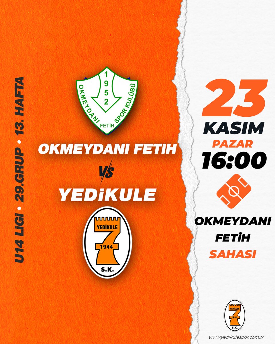 U14 ligi 13. hafta maçımız, 23 Kasım Pazar günü, Okmeydanı Fetih spor ile Okmeydanı Fetih Sahasında oynanacaktır. Sporcularımıza başarılar diliyoruz. 🟠⚪️
#YedikuleninÇocukları