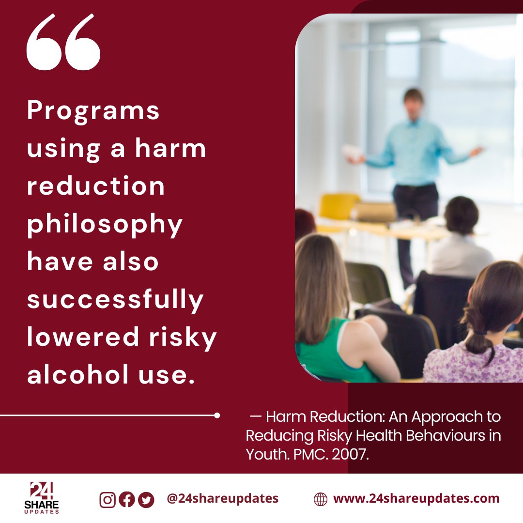 24shareupdates's tweet photo. Harm reduction isn’t just for drug use—it’s been proven to lower risky alcohol use too (Source: Harm Reduction: An Approach to Reducing Risky Health Behaviours in Youth, PMC, 2007).
 Learn more at 24SHARE updates: https://t.co/BAC9M41bvP
#HarmReduction ##PublicHealth #24SHARE https://t.co/J41HF69JYY