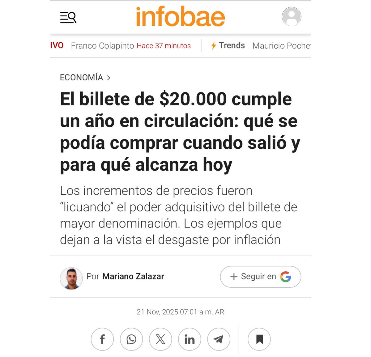 fuerzaER12's tweet image. Nota de Infobae de hoy sobre el cumpleaños del billete de 20 mil. 

Hace 1 año comprabas 2,7 k hoy 1,7 k. 36% menos.