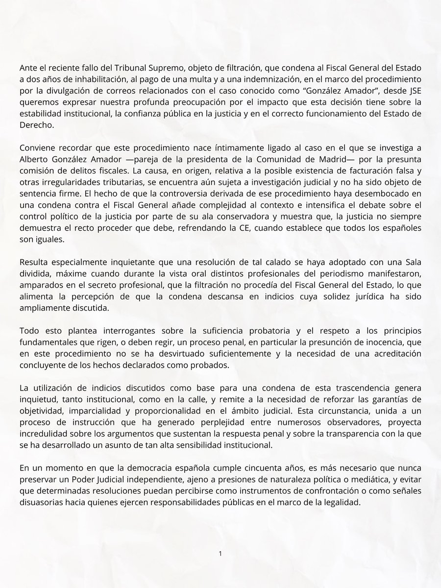 JSE_ORG's tweet image. COMUNICADO DE LAS JSE SOBRE LA CONDENA AL FISCAL GENERAL DEL ESTADO.