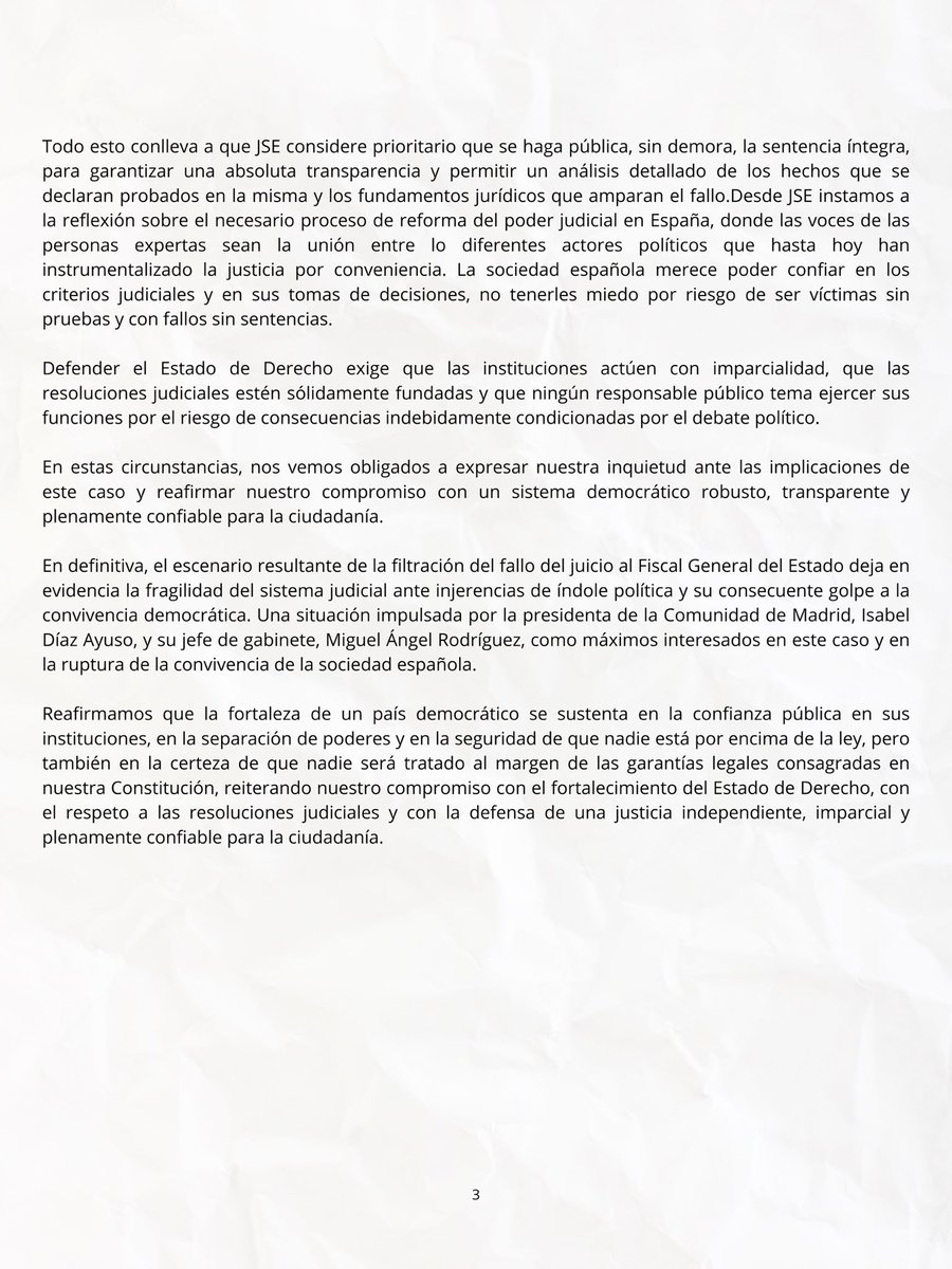 JSE_ORG's tweet image. COMUNICADO DE LAS JSE SOBRE LA CONDENA AL FISCAL GENERAL DEL ESTADO.
