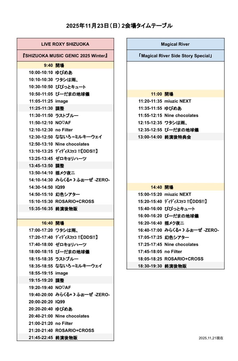 こちら勝手に作りました🤣
たまに場所を間違えてしまう方がいるのと、ハシゴする方がスムーズに行けるように、愛娘まちこが作りました‼️

当日ROXYにも貼り出し＆必要なら配布しますよー☺️

当日ROXYでお待ちしております‼️

※開場開演時間お間違えないように⏰

#LIVEROXYSHIZUOKA
#MUSICGENIC