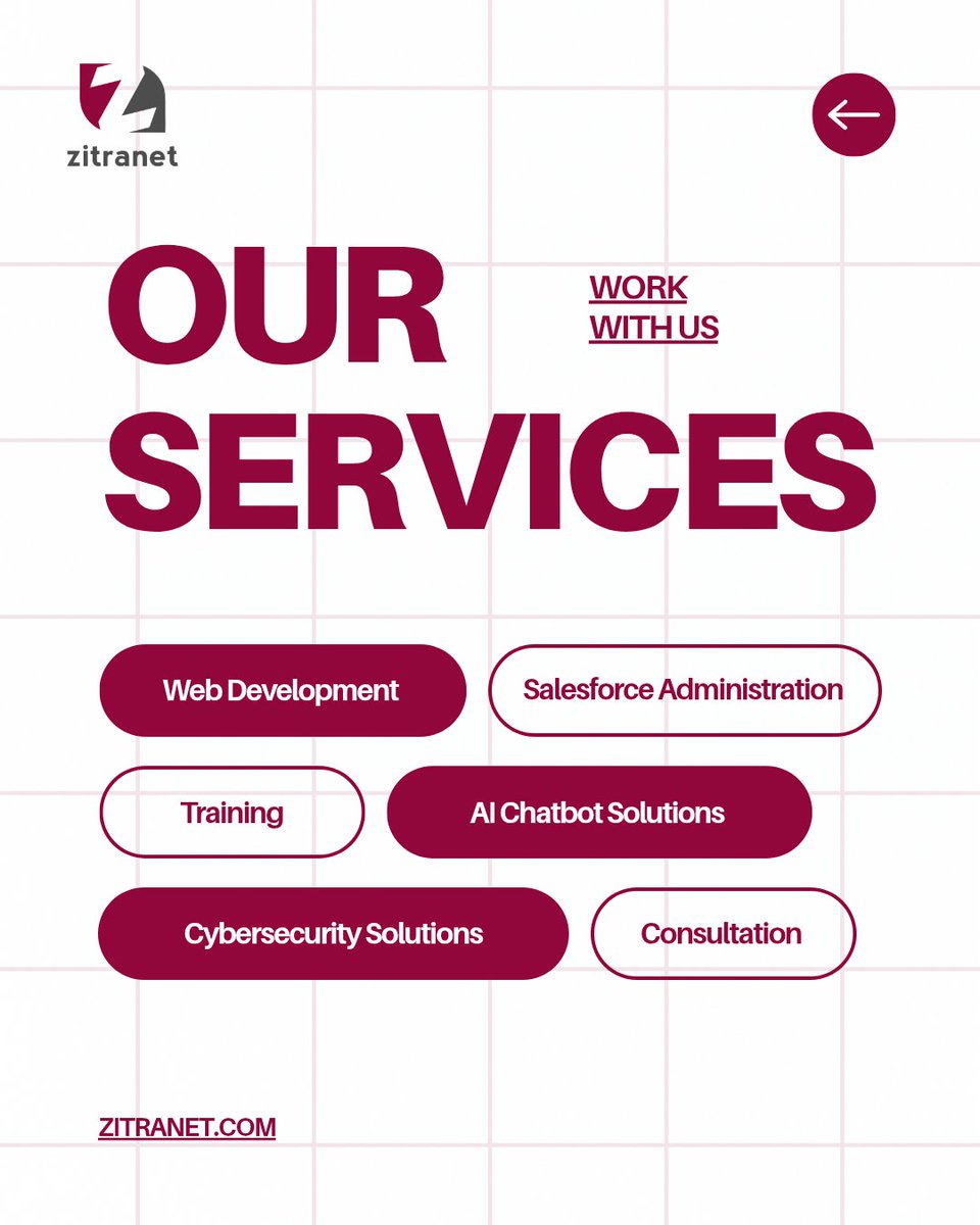 Zitranet_Tech's tweet image. Explore the full range of expertise ZITRANET brings to the table! Whether you need specialized Salesforce Administration, critical Cybersecurity Solutions, tailored Training, or cutting-edge AI Chatbots, we are here to support your team.

#TechServices  #AIChatbots #CyberSecurity