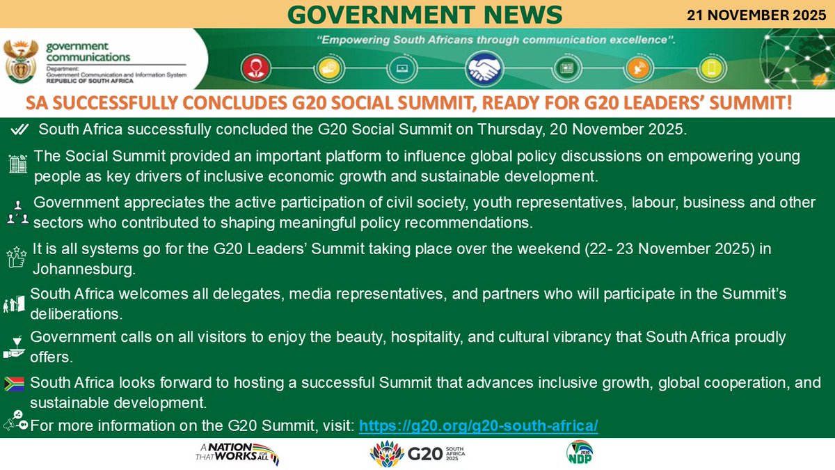 [Government News🗞]
South Africa successfully wrapped up the G20 Social Summit on Thursday, 20 November 2025, marking a powerful moment for global social dialogue. 

The Summit created a vital platform to shape international policy on empowering young people as catalysts for