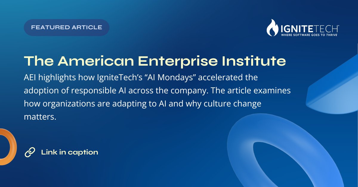 IgniteTech's tweet image. IgniteTech’s “AI Mondays” are highlighted by the @AEI as an example of how organizations can adapt responsibly to AI rather than fear it.

In 2023, @TheGenAICeo saw AI as an existential threat and pushed for a company-wide shift.
