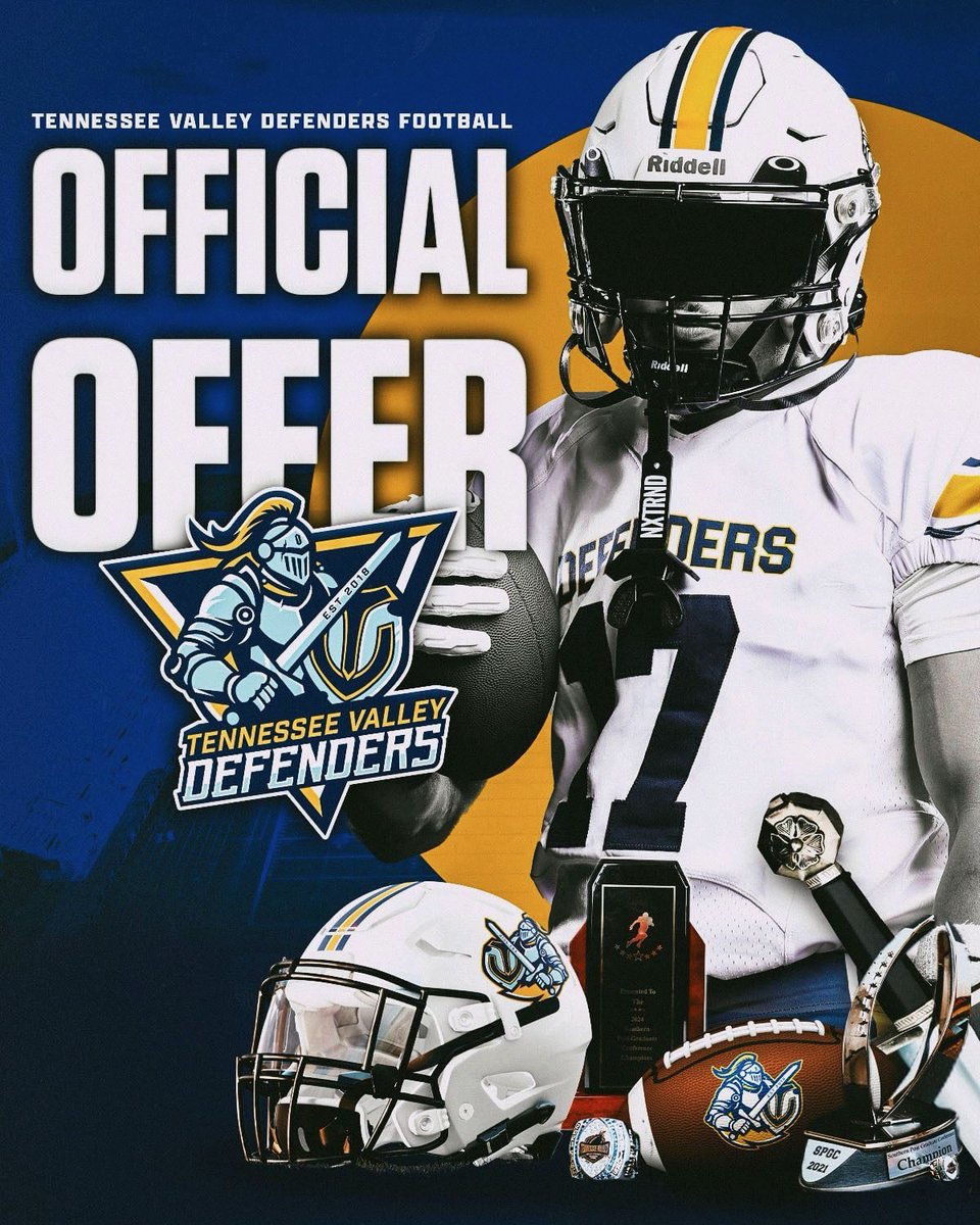 After a great conversation with ⁦<a href="/CoachStephTVCCC/">Coach Steph</a>⁩ I am blessed to receive an offer from <a href="/tvdefenders/">Tennessee Valley Defenders</a> ⁦<a href="/Coach_Living/">Dylan Livingston</a>⁩ ⁦<a href="/CoachWatson14/">Ronnie Watson</a>⁩ ⁦<a href="/CoachJonesWR/">Walter Jones III</a>⁩ ⁦<a href="/SenatorsFB/">Senator Football</a>⁩ ⁦<a href="/ethancaselberry/">ethan caselberry</a>⁩