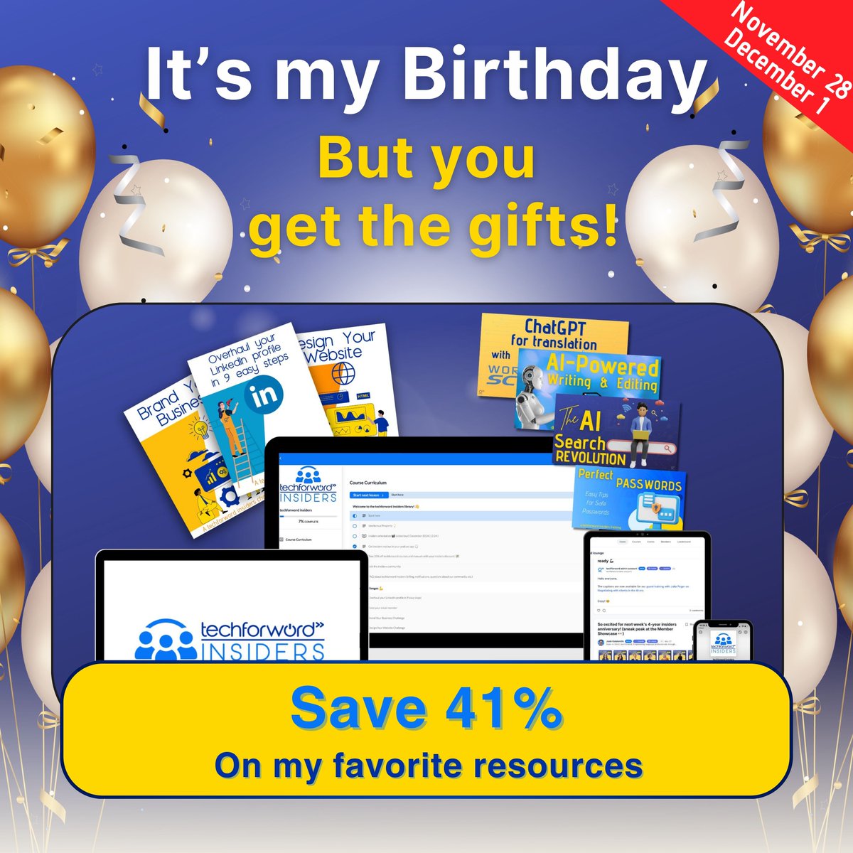 techforword's tweet image. In a little over a week, I’m turning 41.

And for my birthday, I&apos;ll be giving you the gifts.

From November 28 until December 1 (my actual birthday), I’m hosting a birthday celebration, and you’re invited! 🥳

Will you be joining me?

#blackfriday #41Birthday