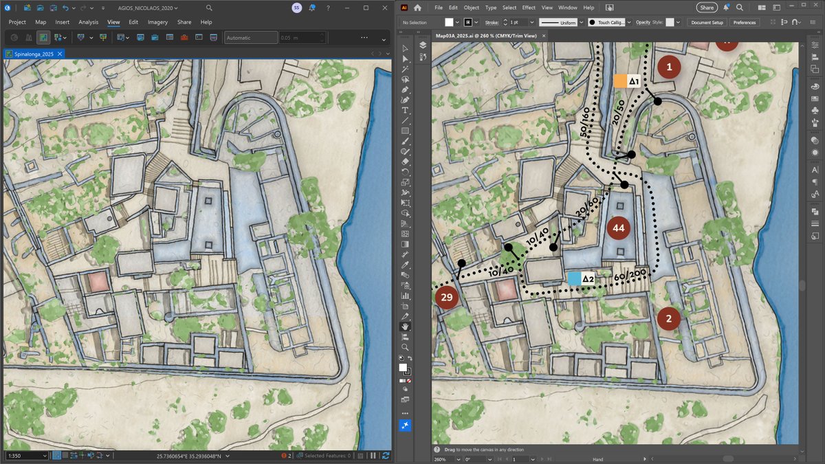 StaridasGeo's tweet image. Redesign of an old, large-scale hand-drawn map I had created for the arch. site on the islet of #Spinalonga #Crete. On the left, the map design and coloring process in #ArcGISPro on the right, the final composition in #AdobeIllustrator. To be featured in my new online portfolio.
