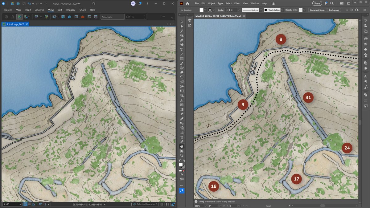 StaridasGeo's tweet image. Redesign of an old, large-scale hand-drawn map I had created for the arch. site on the islet of #Spinalonga #Crete. On the left, the map design and coloring process in #ArcGISPro on the right, the final composition in #AdobeIllustrator. To be featured in my new online portfolio.