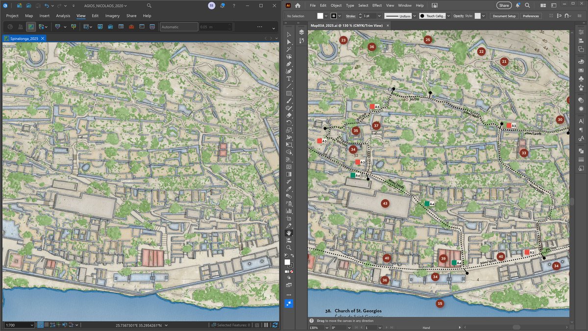 StaridasGeo's tweet image. Redesign of an old, large-scale hand-drawn map I had created for the arch. site on the islet of #Spinalonga #Crete. On the left, the map design and coloring process in #ArcGISPro on the right, the final composition in #AdobeIllustrator. To be featured in my new online portfolio.