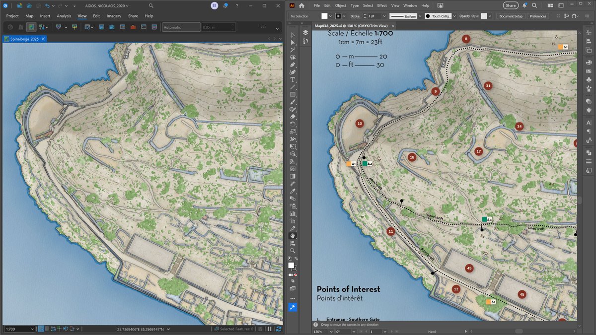 StaridasGeo's tweet image. Redesign of an old, large-scale hand-drawn map I had created for the arch. site on the islet of #Spinalonga #Crete. On the left, the map design and coloring process in #ArcGISPro on the right, the final composition in #AdobeIllustrator. To be featured in my new online portfolio.