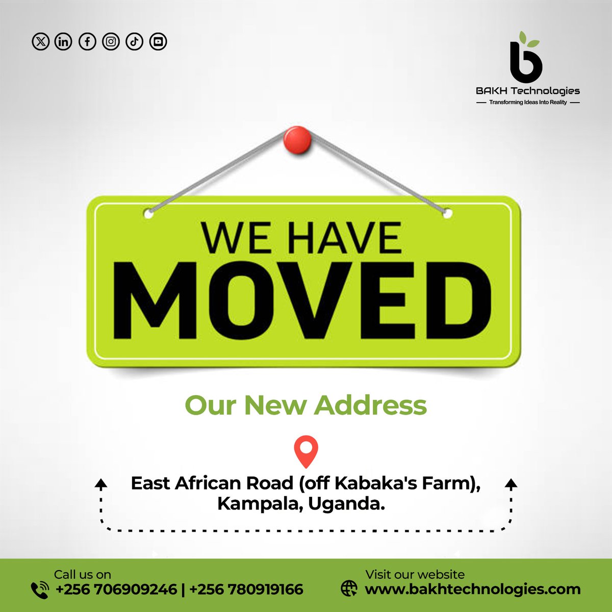 BAKH_Tech's tweet image. 📢 We’ve Moved!

BAKH Technologies has relocated to a new office.
📍East African Road (off Kabaka’s Farm), Kampala.

Visit us for all your tech solutions, training, and digital services.

🌐 bakhtechnologies.com

#WeHaveMoved #Kampala #UgTech