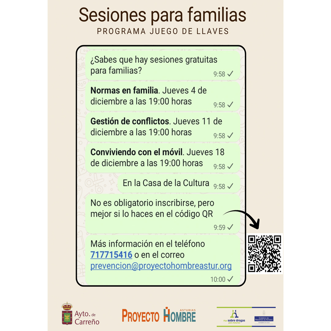 📢 Sesiones gratuitas para familias
Programa Juego de Llaves.

¿Quieres mejorar la convivencia en casa? En diciembre desde el Ayuntamiento  ofrecemos tres sesiones abiertas y gratuitas: