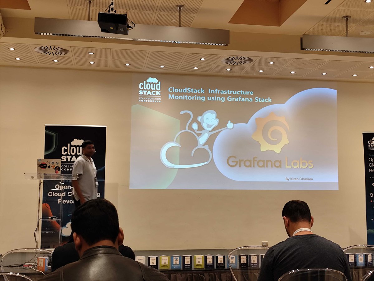 CloudStack's tweet image. In the Venere Room, @Kiranchavala from @ShapeBlue is showing how to build a full #CloudStack monitoring solution using the Grafana stack. Expect Prometheus scraping, building Grafana dashboards, capacity and failure alerts, and more!