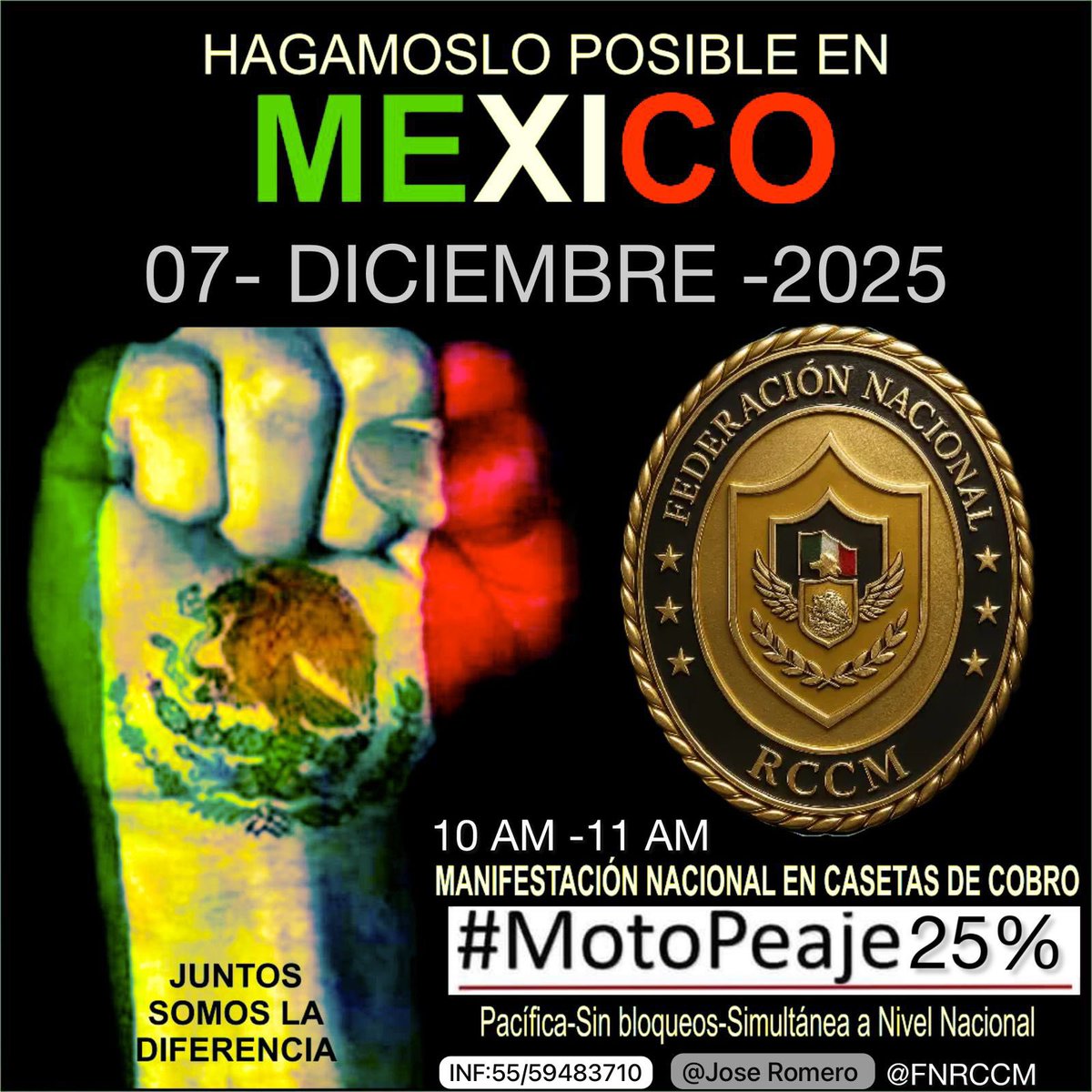 Miles de motociclistas  se manifestarán el domingo 7 de diciembre en las casetas del país para exigir un #MotoPeajeJusto las motos pesan y desgastan menos
<a href="/julioastillero/">Julio Astillero</a> ya hay iniciativa en <a href="/Mx_Diputados/">H. Cámara de Diputados</a> sólo buscamos lo justo #MotoPeaje25%
 <a href="/Jose_Romero297/">@jose_romero</a> <a href="/AndreaChavezTre/">Andrea Chávez</a>