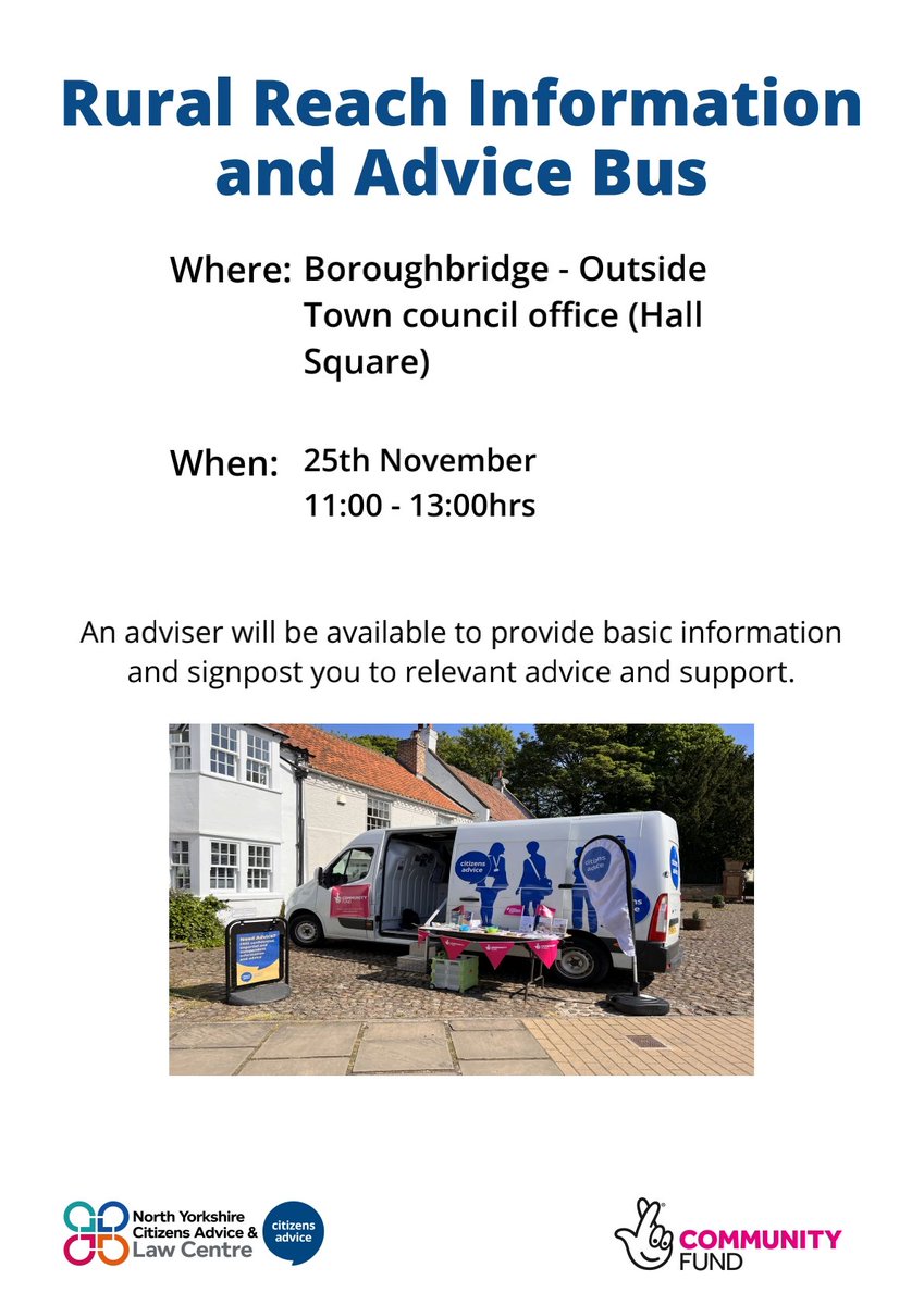 The #RuralAdviceBus visits #Boroughbridge this Tuesday between 11am and 1pm.

If you live nearby and need advice or information, come and have a chat with our friendly team 😊