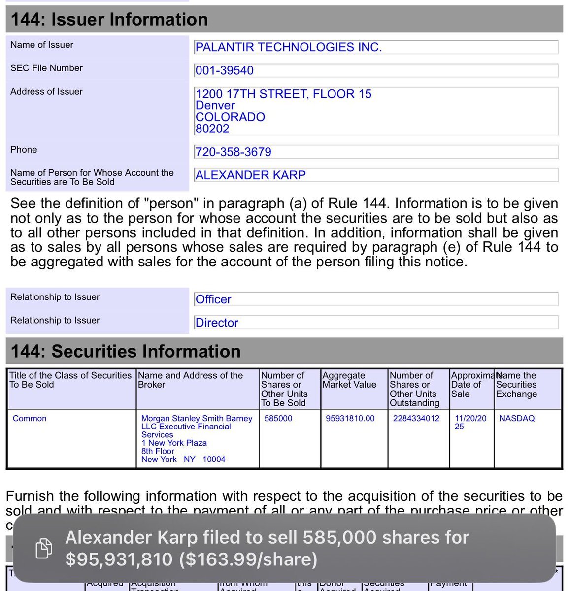 🚨 INVESTING : 🚨 Il CEO di Palantir, Alex Karp, ha venduto 585.000 azioni di $PLTR per 96 milioni di dollari giovedì.