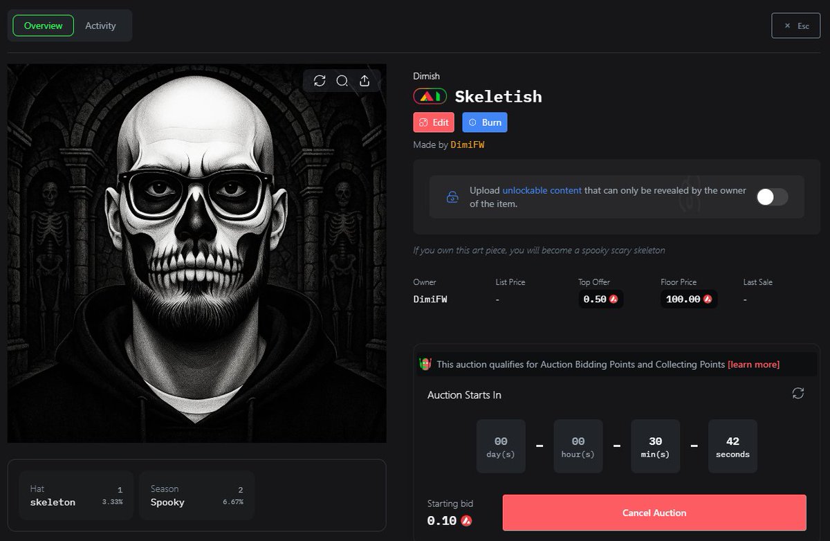 The next auction for a <a href="/DimishAvax/">Dimish $DISH</a> NFT is live in 30 Minutes on <a href="/salvor_io/">Salvor 🚢🔺</a>

salvor.io/collections/0x… 

"Skeletish" on auction for 4 days, starting bid at 0.1 AVAX.  Everyone who bids will get 10k $DISH sent after the auction ends.