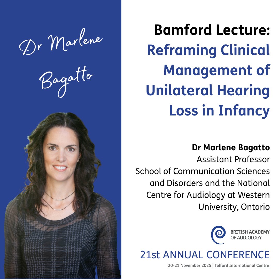 BAAudiology's tweet photo. Up next is the Bamford Lecture at #BAAConf:

🎙️ Dr Marlene Bagatto on Reframing Clinical Management of Unilateral Hearing Loss in Infancy

Find out more https://t.co/y4QmJ8akEi 

#Audiology https://t.co/X2f80JjXn5