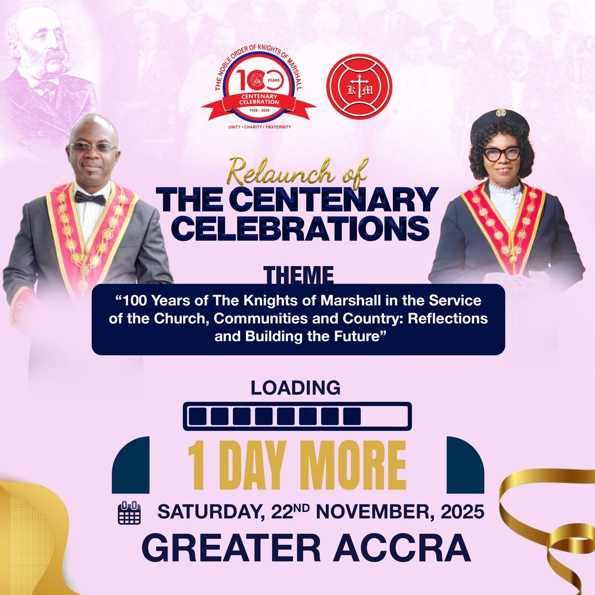 Relaunch of the centenary celebrations of the Knights of Marshall is tomorrow in Great Accra.
#Marshallans