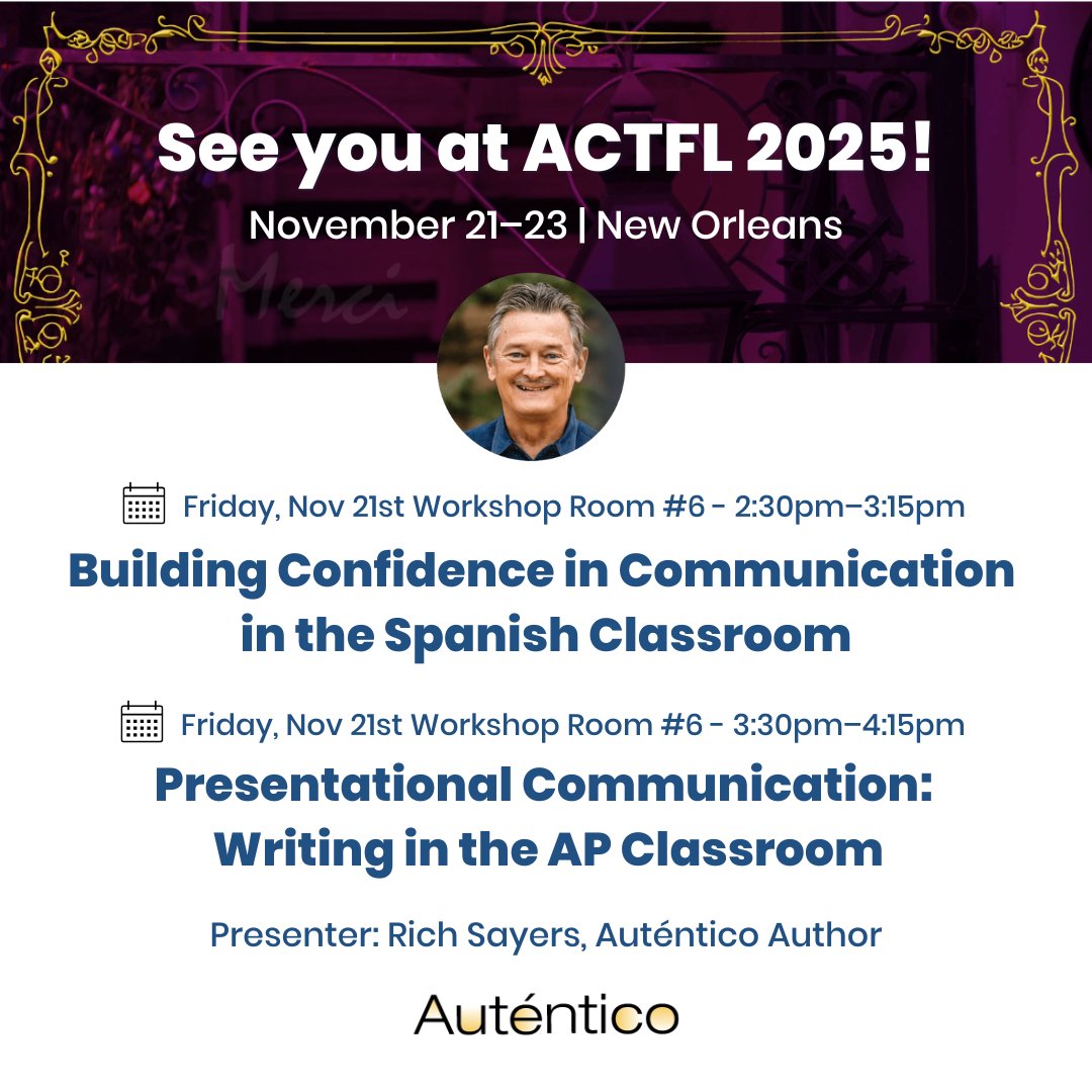SavvasLearning's tweet image. 🥳 Greetings #ACTFL25 attendees! Join Auténtico author Rich Sayers today in Workshop Rm #6 + stop by Savvas Booth #819 to explore our language solutions &amp;amp; meet our #LangChat specialists for teaching ideas &amp;amp; tips to engage every learner: ow.ly/nonk50Xs32w

@ACTFL