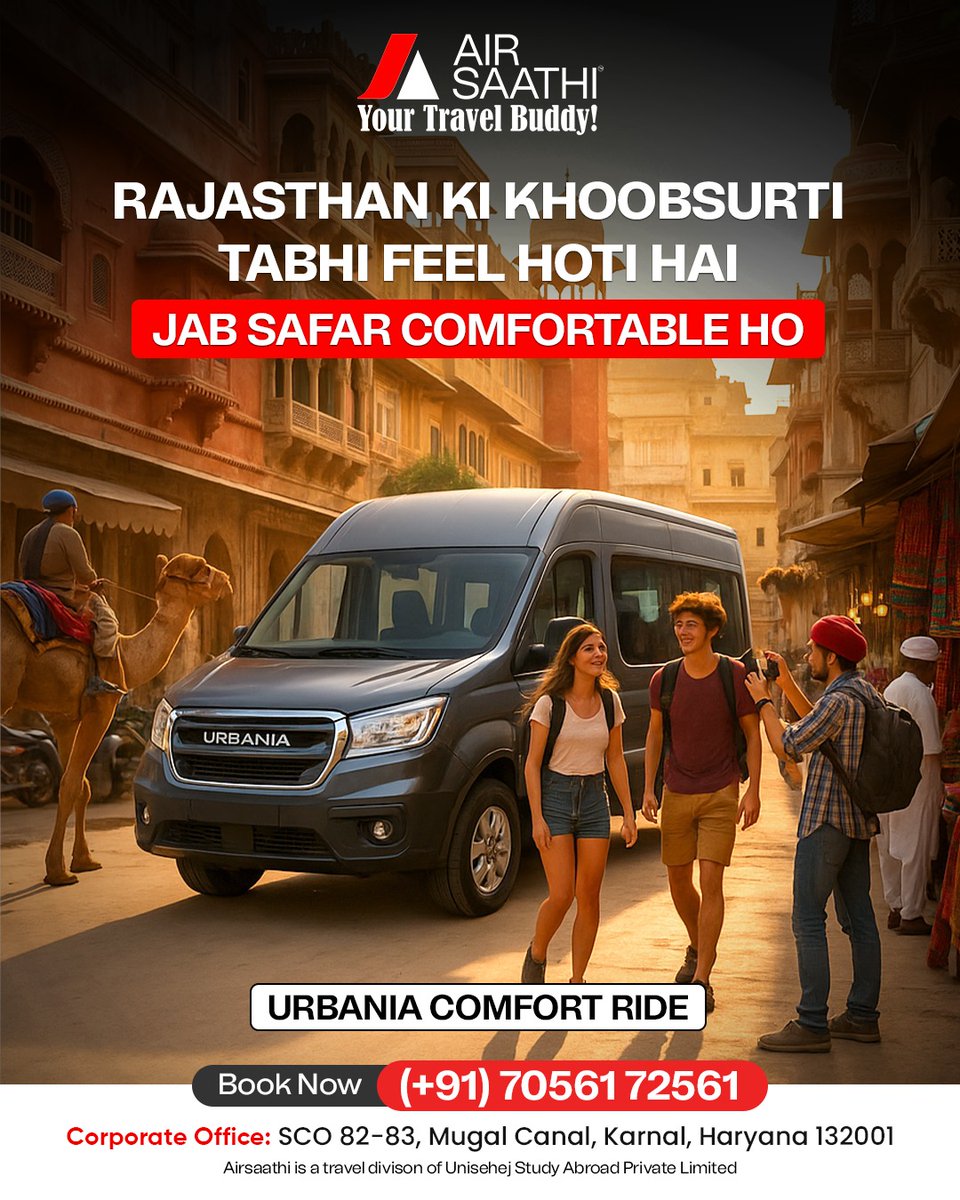 AirSaathi's tweet photo. Chalo parivaar ke sath Rajasthan Ghoom kar aate hai. 

Explore Rajasthan in comfort and style with AirSaathi! ✨
Book our Urbania today for your perfect group travel experience.
Call/WhatsApp: 70561-72561 

#TravelWithAirSaathi #RajasthanTravel #GroupTravelIndia #UrbaniaRide https://t.co/adyvoUTNRu