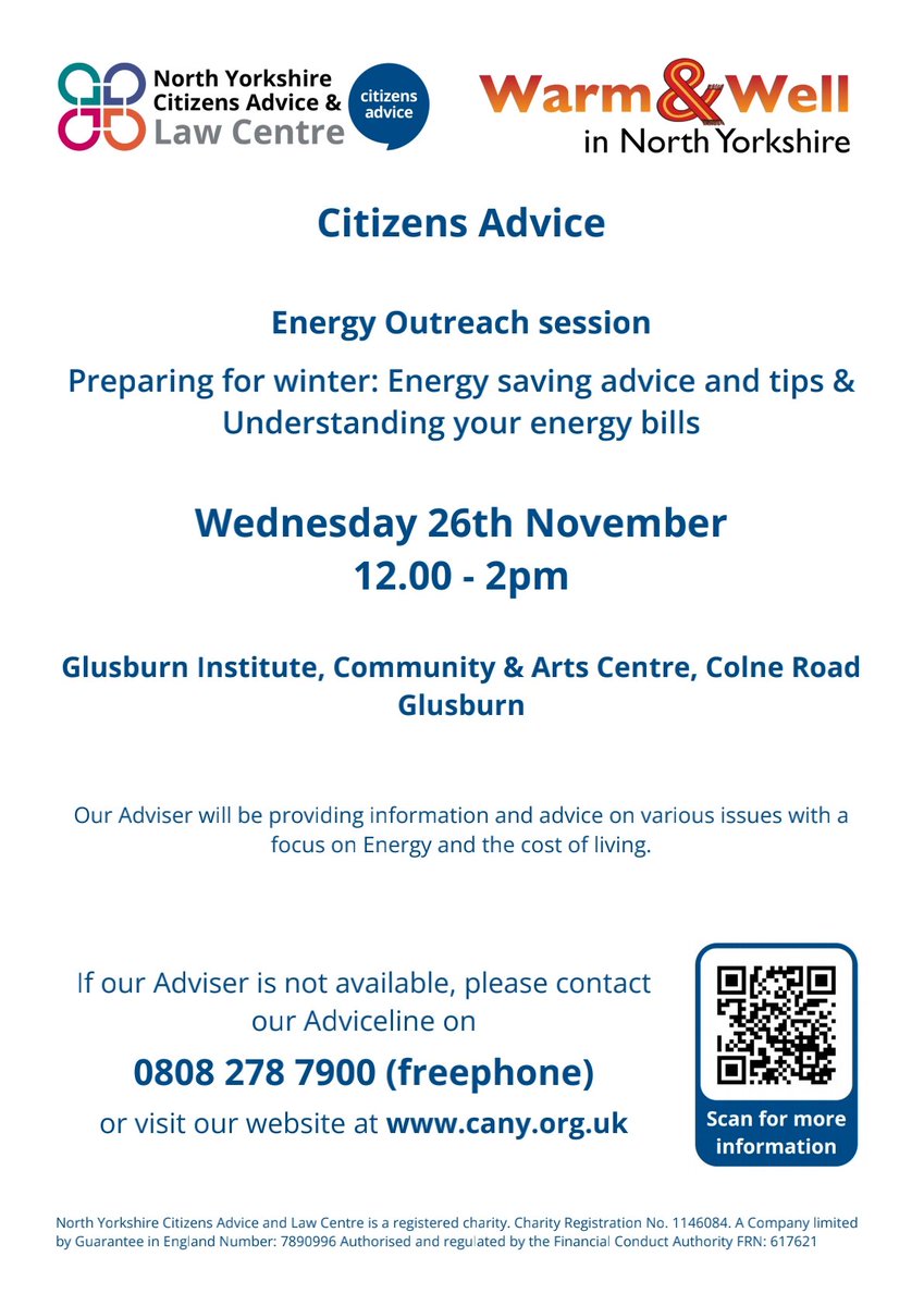 Our friendly Energy Adviser will be visiting the #Glusburn Institute, Community &amp; Arts Centre this Wednesday between 12pm and 2pm.

Need energy advice?

Come and have a chat with us and see what support is available to you 😊