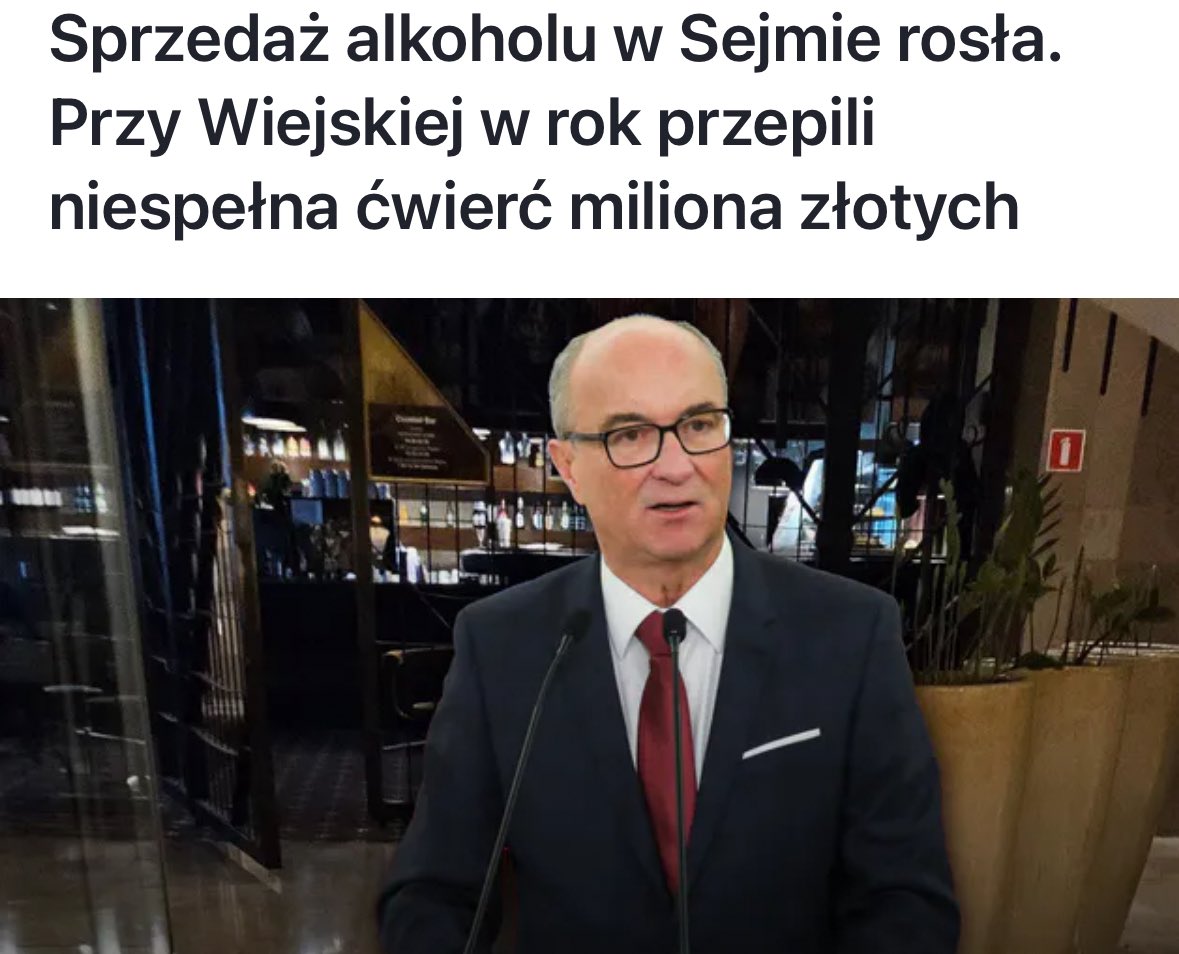 📍WP: Sprzedaż alkoholu w Sejmie rosła. Przy Wiejskiej w rok przepili niespełna ćwierć miliona złotych

Od 2022 r. Kancelaria Sejmu sprzedawała coraz więcej alkoholu - dowiaduje się <a href="/wirtualnapolska/">Wirtualna Polska</a>. W 2024 r. w restauracji i "barze za kratą" sprzedano alkohol o wartości 218 892,