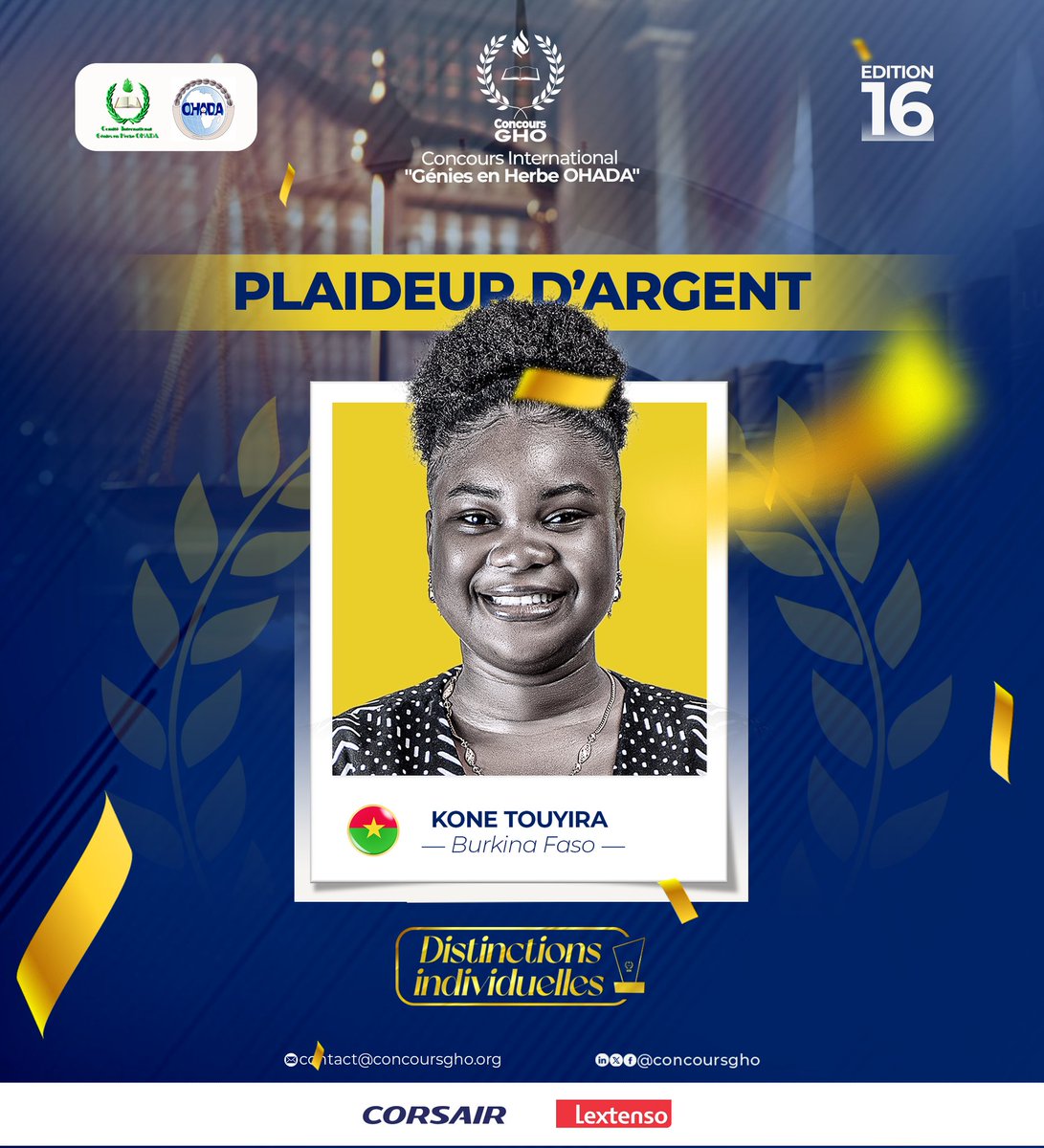 ConcoursGHO's tweet photo. DISTINCTIONS INDIVIDUELLES 
L'autre distinction la plus prisée du Concours International est celle du PLAIDEUR D'ARGENT ! Elle revient à bon droit à la demi-finaliste KONE TOUYIRA du Burkina Faso🇧🇫, qui a fait parler son éloquence et sa maîtrise du droit unifié des affaires. https://t.co/cbDZc0PkGV