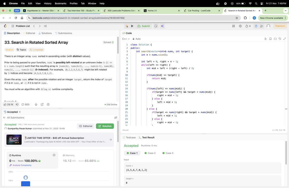 thehungertocode's tweet image. Hello Everyone 👋

Completed #Day690 of the #codeeveryday challenge.

Solved:  Search in Rotated Sorted Array

✅ T.C: O(logn)
✅ S.C: O(1)

#consistencyiskey #buildinpublic #developer #Engineering #LeetCode