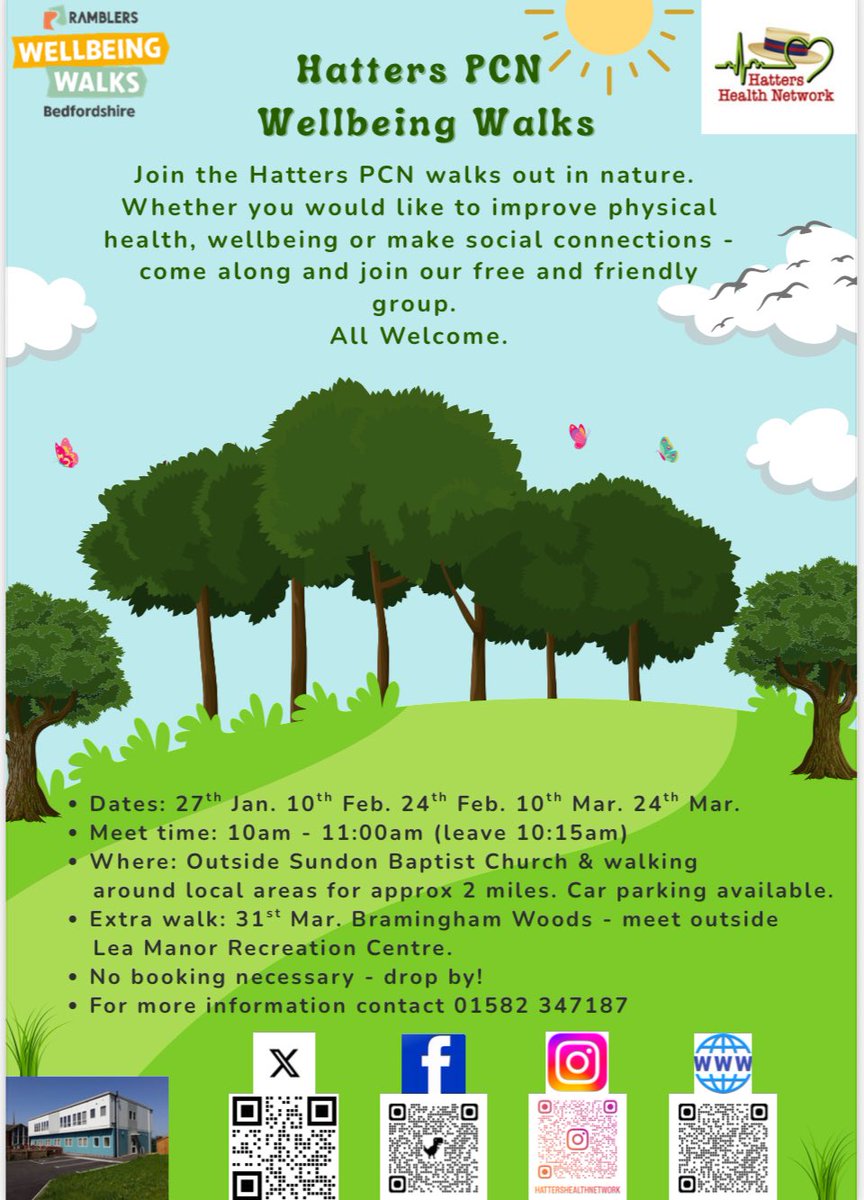 Hatters PCN/
Wellbeing Walks 🚶‍♂️
Join the Hatters PCN walks out in nature 🌳🍁
Whether you would like to improve physical health, wellbeing or make social connections - come along and join our free and friendly group.
⭐️All Welcome ⭐️
See poster for dates and times 🧡