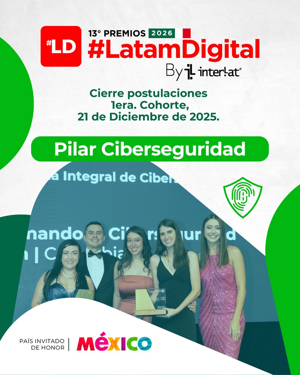 _LatamDigital's tweet image. 🔒 Postúlate en el Pilar Ciberseguridad de los 13º Premios #LatamDigital 2026 By @Interlat.

Este pilar distingue a las organizaciones y proyectos que impulsan la protección, la resiliencia y las buenas prácticas en entornos digitales.