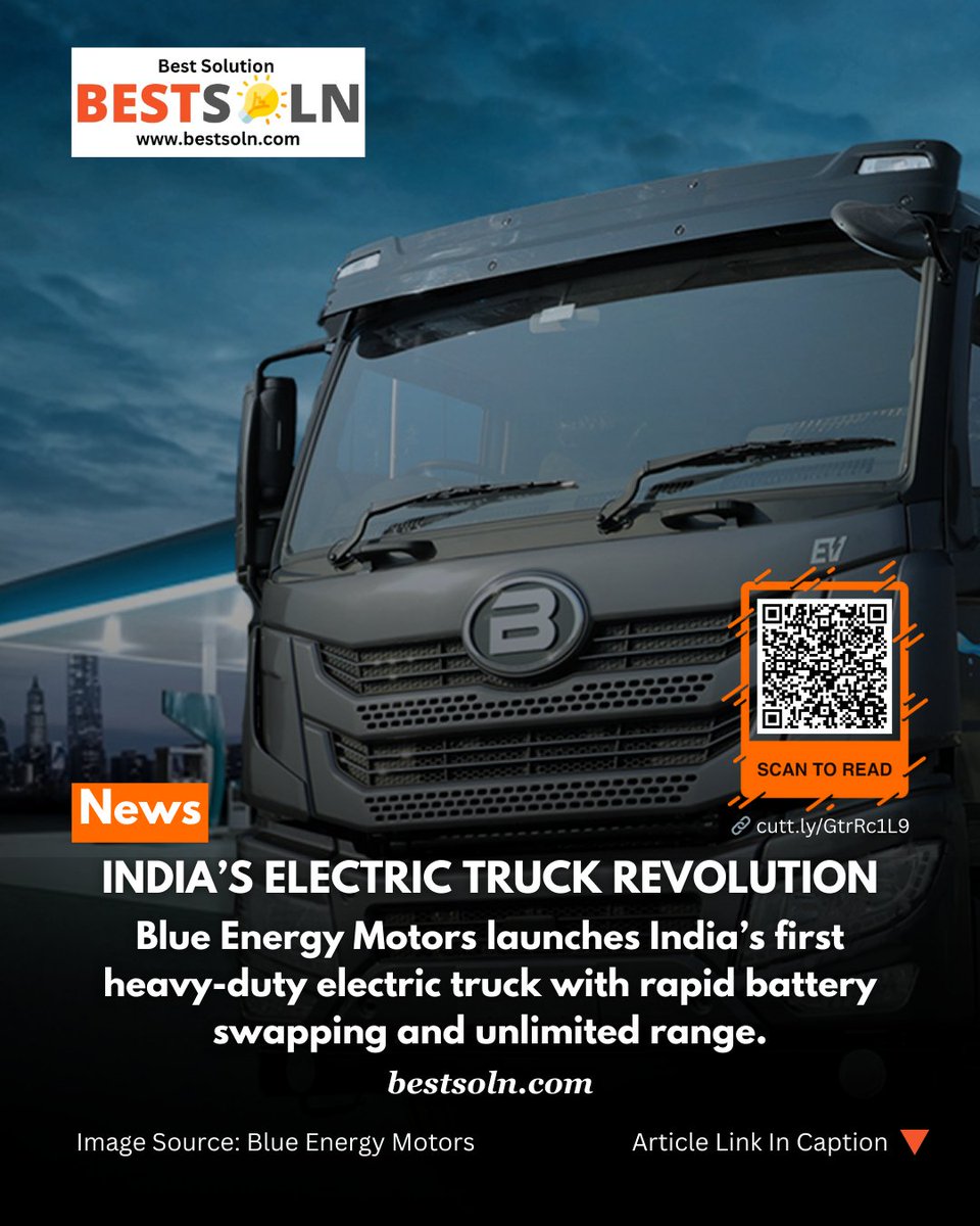 bestsolndotcom's tweet photo. @BlueEnergyMotor is driving Indiaโs green future with its first heavy-duty electric truck featuring rapid battery swapping! Ready to rev up a cleaner, smarter transport revolution?
Discover more: https://t.co/kiBYSDmcI2
#BestSolution #Bestsoln #ElectricTruck #EV #GreenLogistics https://t.co/wfFfTFTH7y