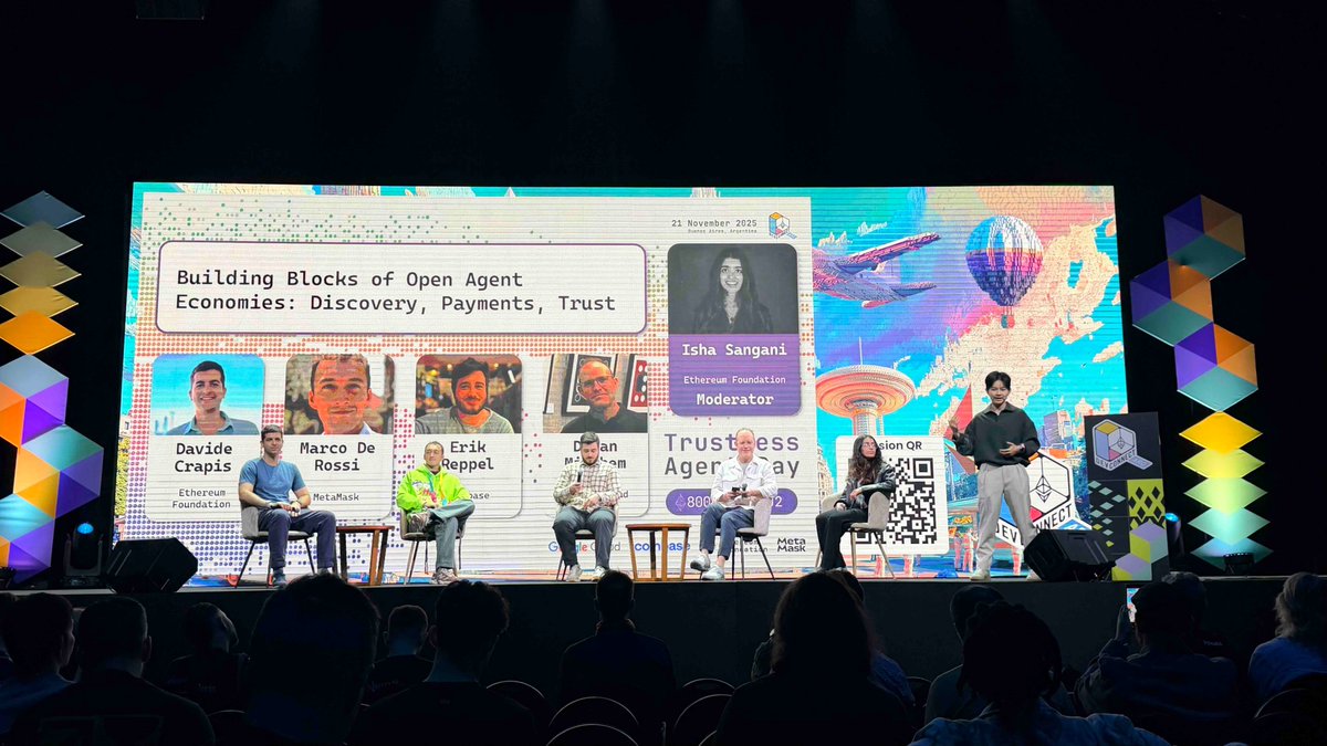 jongkwang's tweet photo. "Building Blocks of Open Agent Economies" session at #DevConnect.

Great discussion on the infra (Discovery, Payments, Trust) needed for AI Agents to evolve from simple bots into real 'Economic Actors'

panel: @DavideCrapis @marco_derossi @erikreppel @devanmitchem @ishasangani 👇 https://t.co/2nhvy6hot1