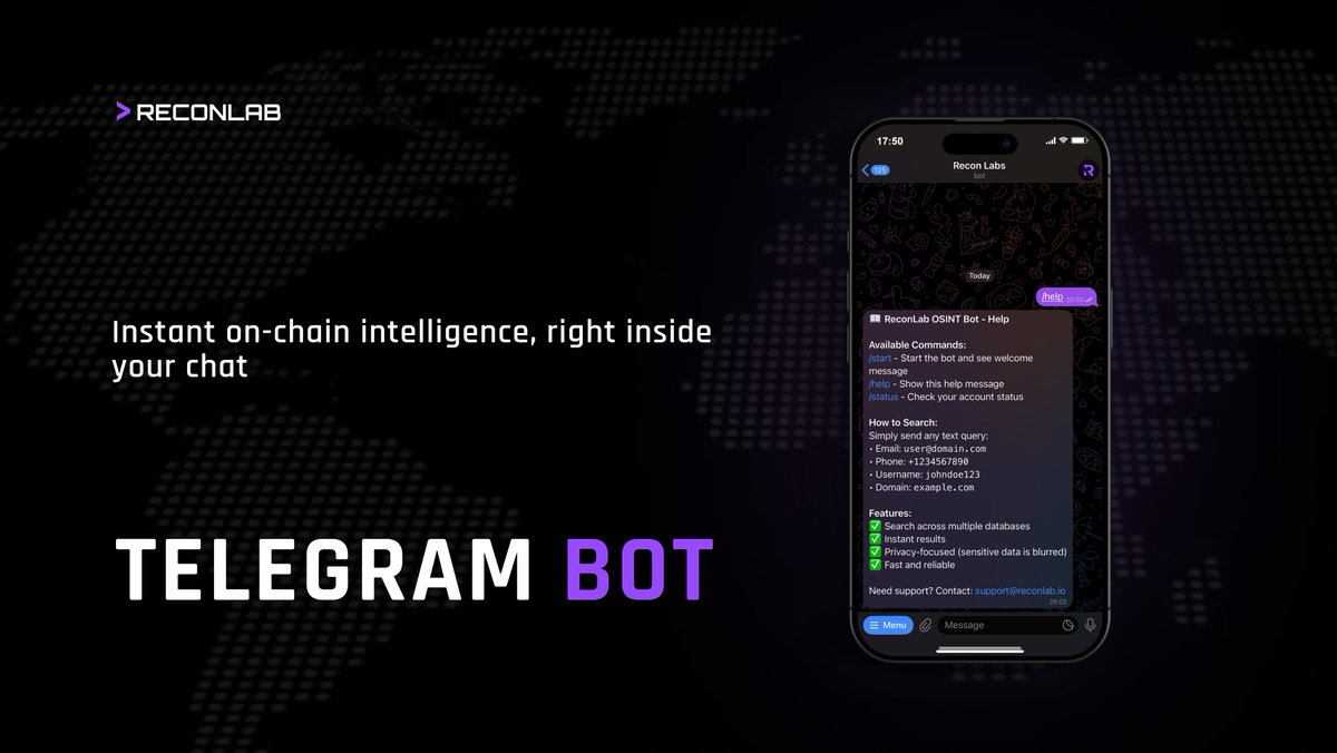 Reconlab_AI's tweet photo. Running OSINT on Solana shouldn’t feel complicated.

That’s why we built the Recon Telegram Bot, a tool that lets you search with a single message.

Open Telegram → type your query → get instant intelligence.

Telegram bot : https://t.co/s8CX69pA5C