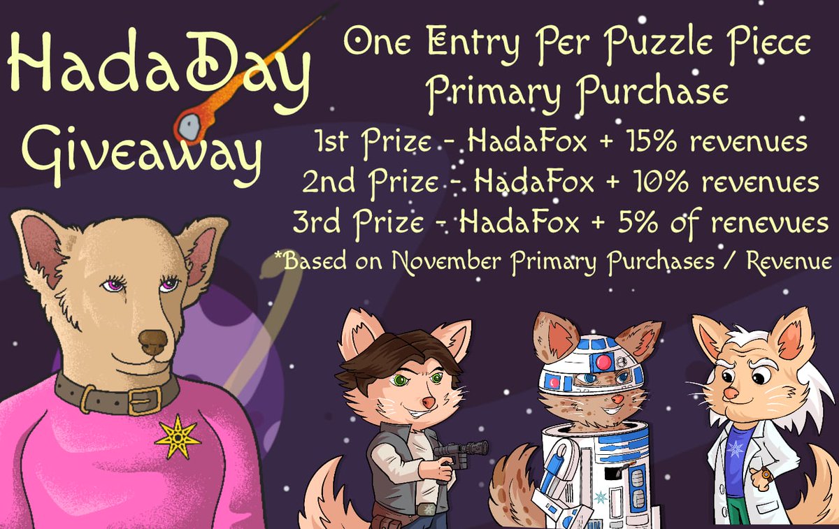380 Puzzle pieces sold.. 

#HadaDay Raffle Prize Pool now at 114,000,000 $HADA 🤯 + 3 HadaFox NFTs 🦊.

3 winners 🥇🥇🥇

Still time to secure a chance to win.. 

Buy random 🧩 NFT = 1M #HADA 👇

dao.hadanft.com

Happy Puzzling 🧩🧩🧩

#NFTGiveaways #memecoins #XRPL #NFT