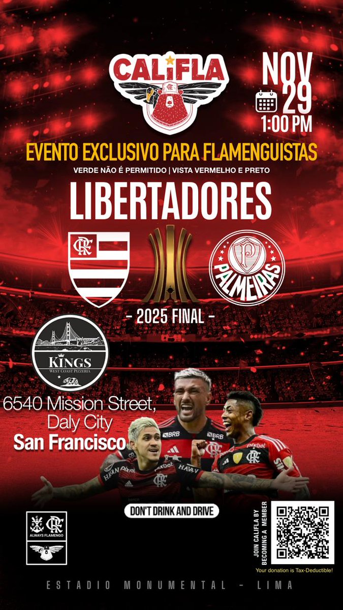 Cali_Fla's tweet photo. A batalha final pra Glória Eterna está chegando! Estaremos juntos em: 
San Diego @brazilbythebay 
Los Angeles: Esquina Brazil no Brazilian Mall
San Francisco: Kings Pizzeria
Endereço e mais informações nas chamadas abaixo
#VemTorcerComACalifla #IssoAquiÉFlamengo #Libertadores https://t.co/MeIl40KQAG