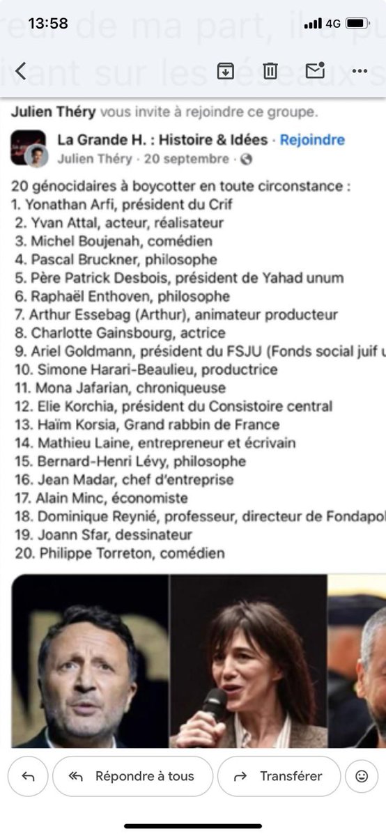Le faussaire Julien Théry, qui nous expliquait il y a peu que l'antisémitisme de gauche n'avait jamais existé, dresse désormais une liste de Français "génocidaires" à boycotter (dans laquelle il a eu l'habileté de glisser quelques non-Juifs)...