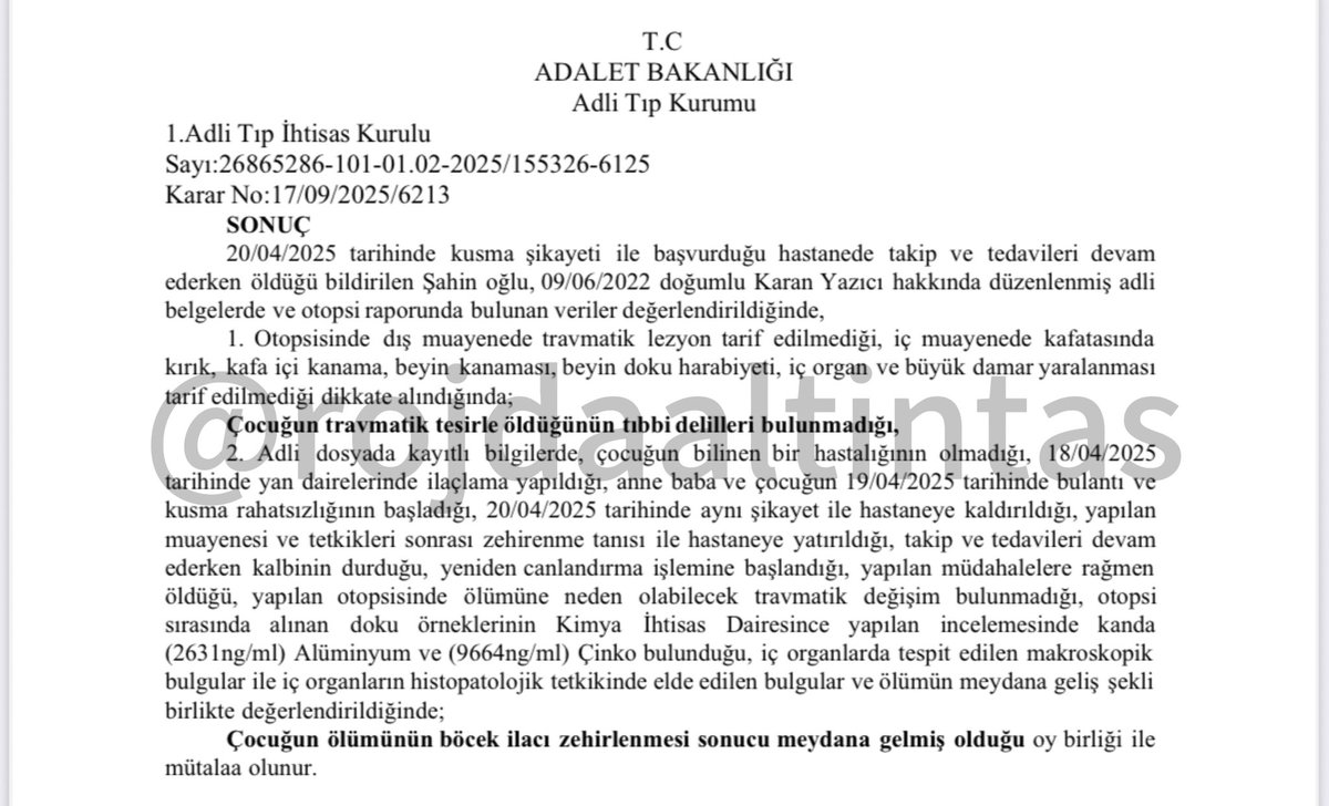 rojdaaltints_'s tweet image. ÖZEL | #SONDAKİKA | Karan’ın avukatından ilk açıklama 🚨

Şişli’de komşu dairede yapılan DSS ilaçlama sonrası, ortak havalandırma hattı ile aynı hizada bulunan odasında bulunan 3 yaşındaki Karan Yazıcı, zehirli gazdan etkilenerek hayatını kaybetti. 

Adli Tıp raporu bunu…