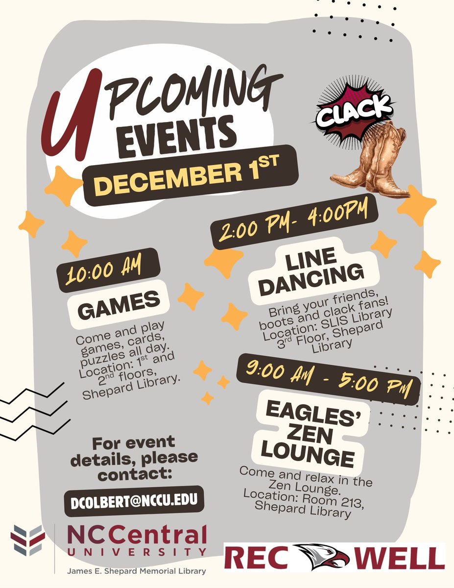 James E. Shepard Memorial Library Upcoming Events on December 1, 2025: Games, Eagles' Zen Lounge, and Line Dancing!